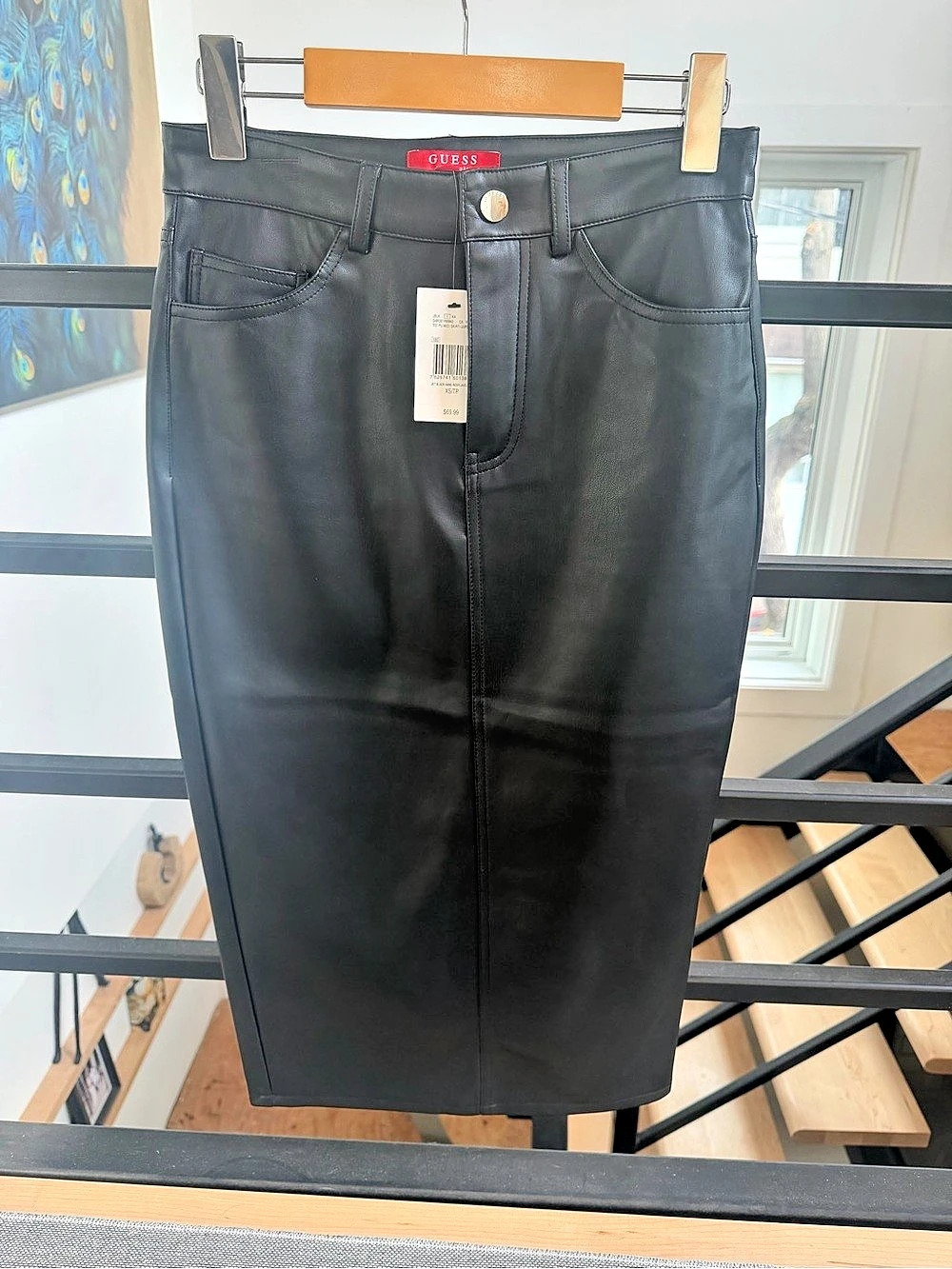 GUESS Tee PU Midi Skirt Black Faux Leather Size Small